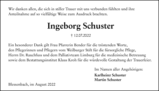 Traueranzeige von Ingeborg Schuster von Weilburger Tageblatt