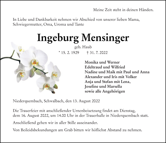 Traueranzeige von Ingeburg Mensinger von Wetzlarer Neue Zeitung