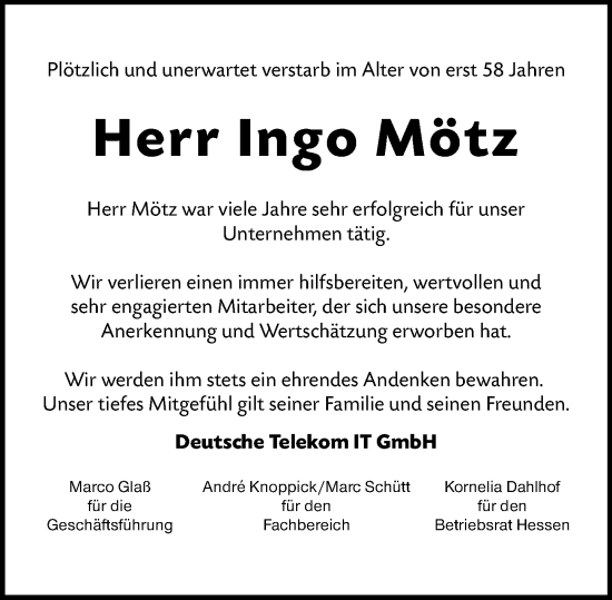Traueranzeige von Ingo Mötz von Wetzlarer Neue Zeitung