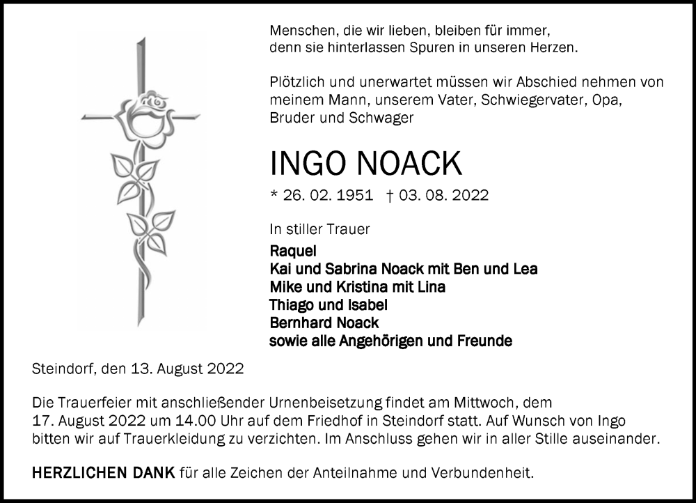  Traueranzeige für Ingo Noack vom 13.08.2022 aus Wetzlarer Neue Zeitung