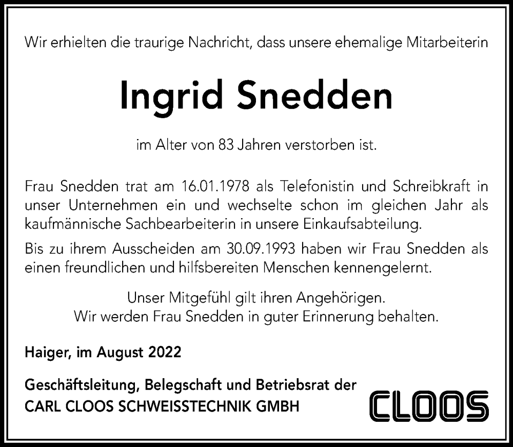  Traueranzeige für Ingrid Snedden vom 05.08.2022 aus Dill Block