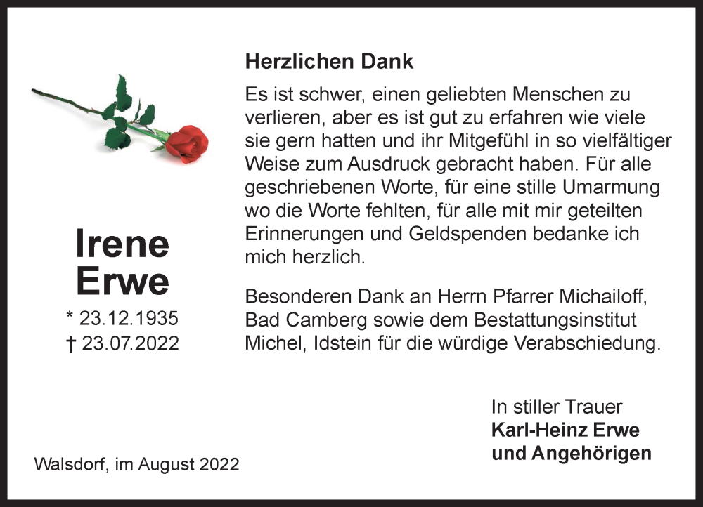  Traueranzeige für Irene Erwe vom 18.08.2022 aus Camberger Anzeiger