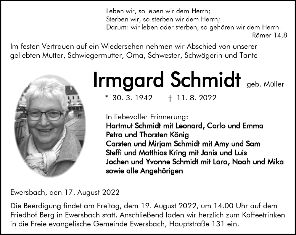  Traueranzeige für Irmgard Schmidt vom 17.08.2022 aus Dill Block