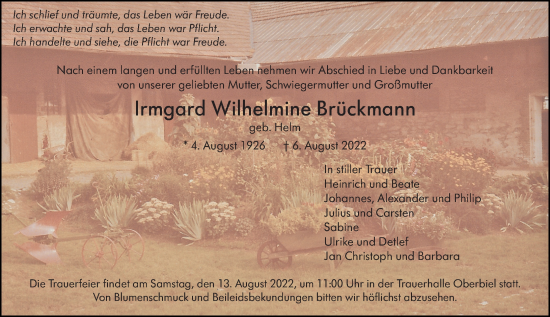 Traueranzeige von Irmgard Wilhelmine Brückmann von Wetzlarer Neue Zeitung
