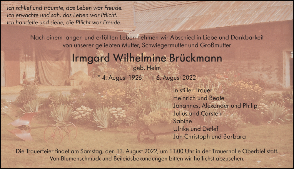  Traueranzeige für Irmgard Wilhelmine Brückmann vom 10.08.2022 aus Wetzlarer Neue Zeitung