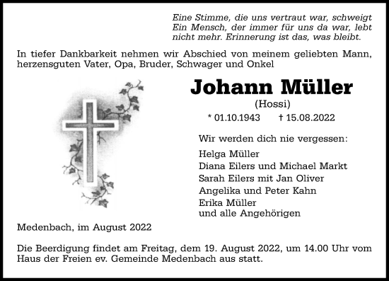 Traueranzeige von Johann Müller von Dill Block