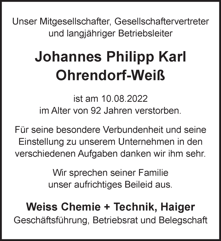  Traueranzeige für Johannes Philipp Karl Ohrendorf-Weiß vom 13.08.2022 aus Dill Block