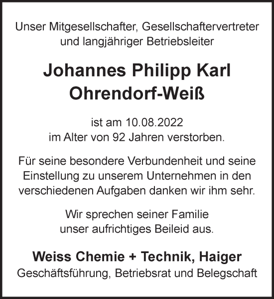 Traueranzeige von Johannes Philipp Karl Ohrendorf-Weiß von Dill Block
