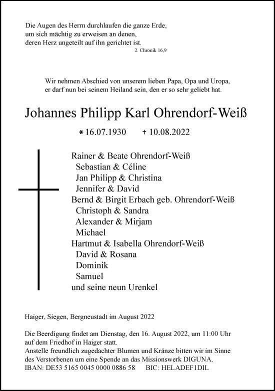 Traueranzeige von Johannes Philipp Karl Ohrendorf-Weiß von Dill Block