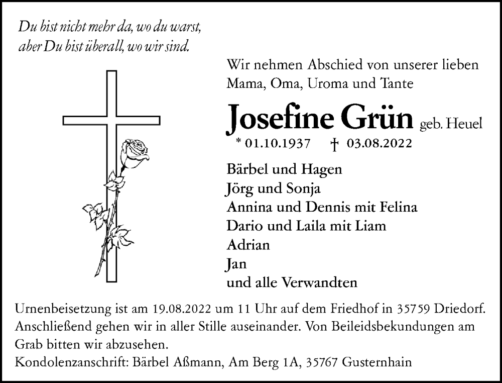  Traueranzeige für Josefine Grün vom 15.08.2022 aus Dill Block