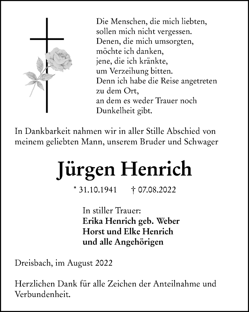  Traueranzeige für Jürgen Henrich vom 12.08.2022 aus Dill Block