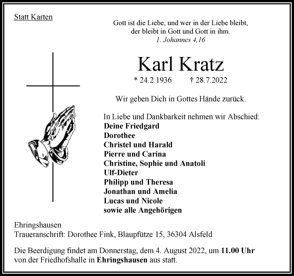  Traueranzeige für Karl Kratz vom 02.08.2022 aus Oberhessische Zeitung