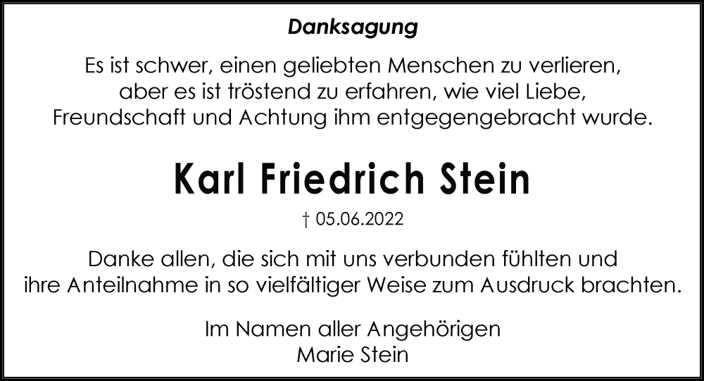  Traueranzeige für Karl Friedrich Stein vom 06.08.2022 aus Oberhessische Zeitung