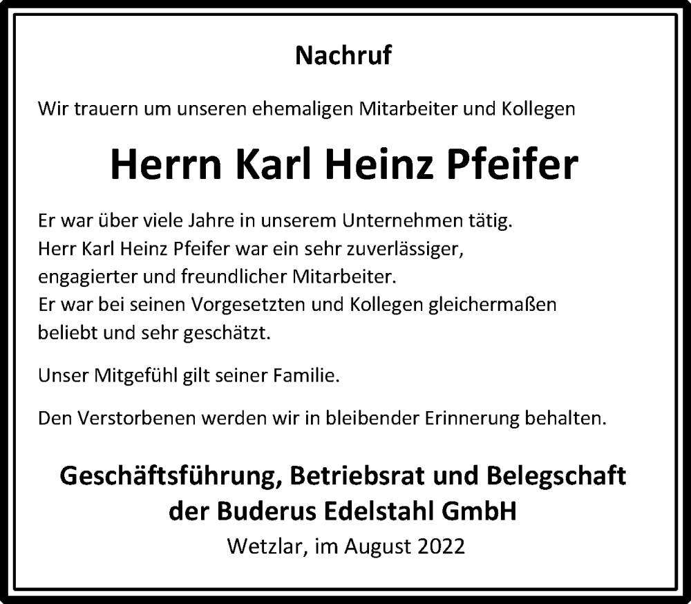  Traueranzeige für Karl Heinz Pfeifer vom 17.08.2022 aus Wetzlarer Neue Zeitung