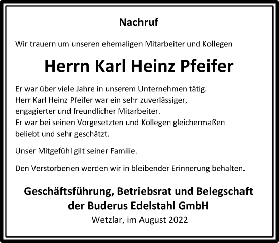 Traueranzeige von Karl Heinz Pfeifer von Wetzlarer Neue Zeitung