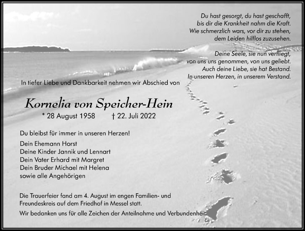  Traueranzeige für Kornelia von Speicher-Hein vom 10.08.2022 aus Wetzlarer Neue Zeitung