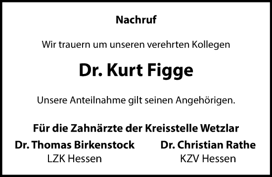 Traueranzeige von Kurt Figge von Wetzlarer Neue Zeitung