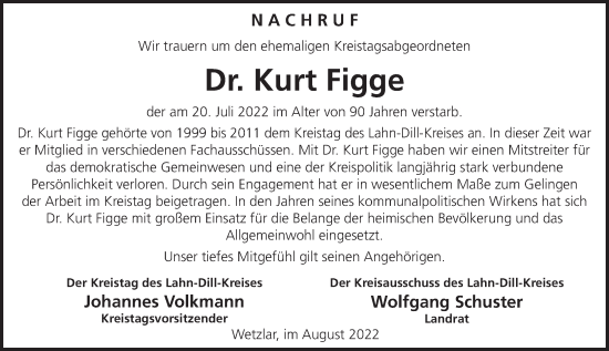 Traueranzeige von Kurt Figge von Wetzlarer Neue Zeitung
