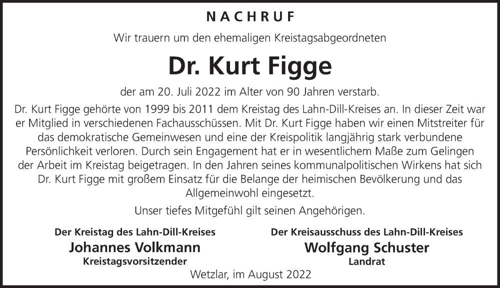  Traueranzeige für Kurt Figge vom 03.08.2022 aus Wetzlarer Neue Zeitung
