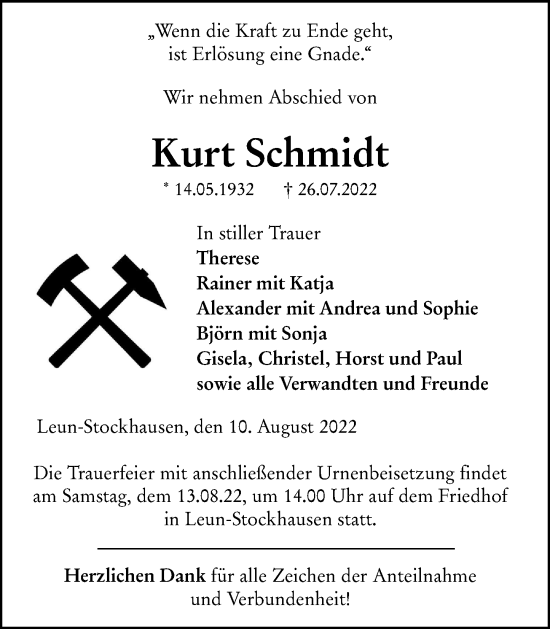 Traueranzeige von Kurt Schmidt von Weilburger Tageblatt
