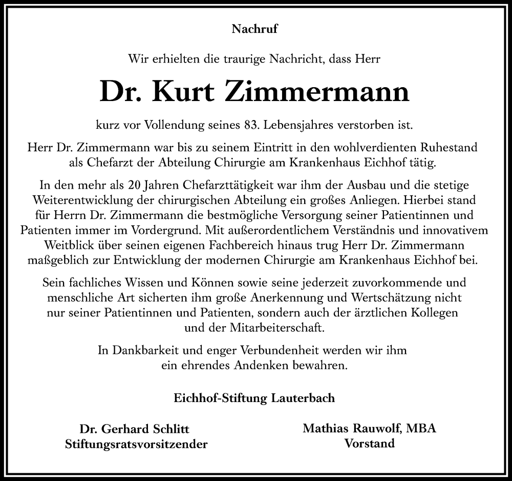  Traueranzeige für Kurt Zimmermann vom 13.08.2022 aus Lauterbacher Anzeiger