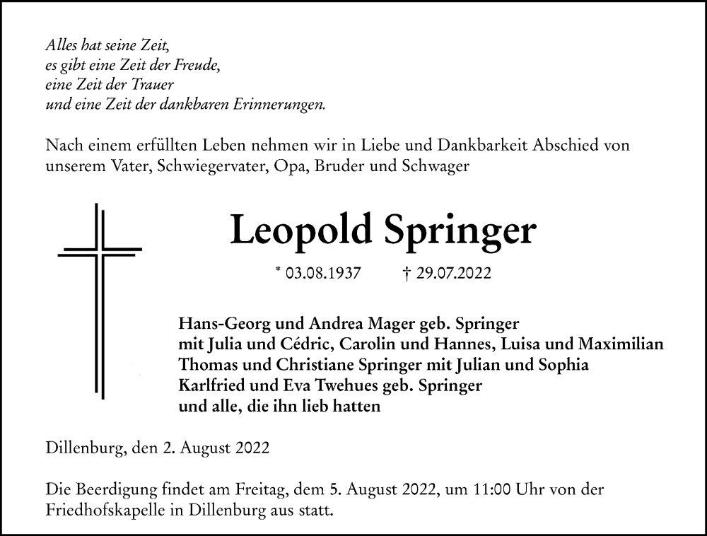  Traueranzeige für Leopold Springer vom 02.08.2022 aus Dill Block