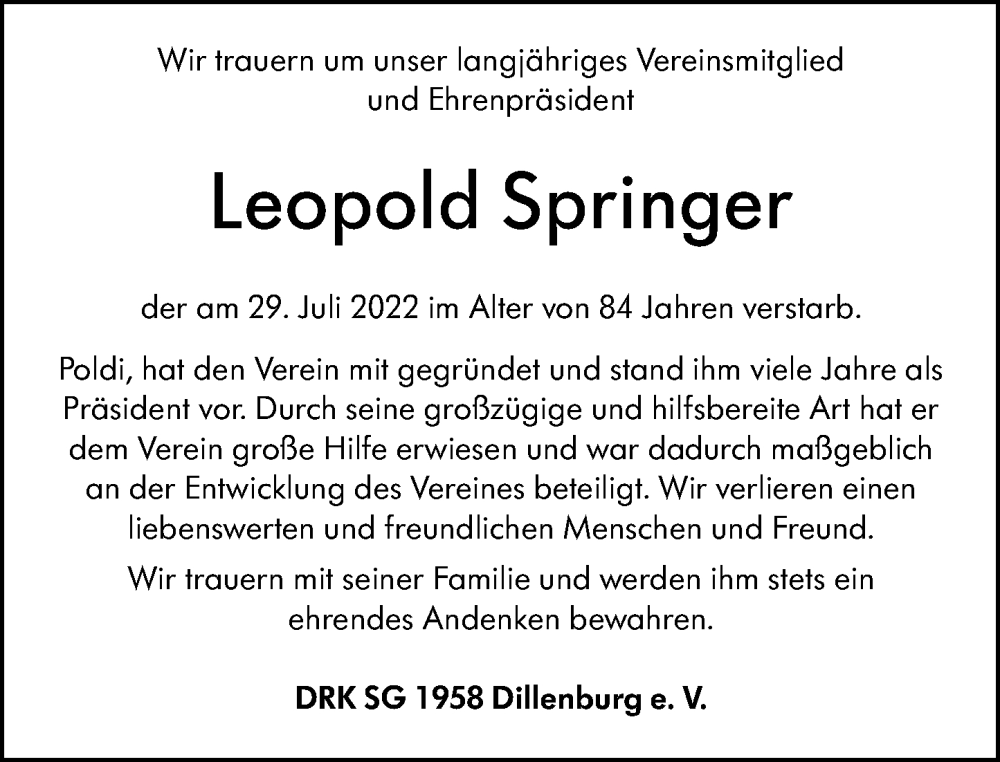  Traueranzeige für Leopold Springer vom 06.08.2022 aus Dill Block