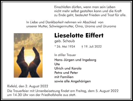 Traueranzeige von Lieselotte Eiffert von Lauterbacher Anzeiger