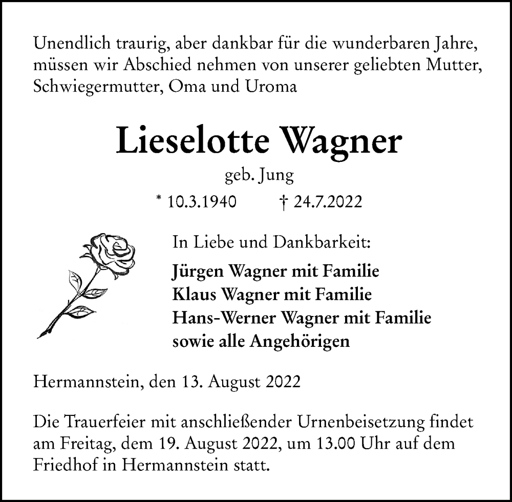 Traueranzeige für Lieselotte Wagner vom 13.08.2022 aus Wetzlarer Neue Zeitung
