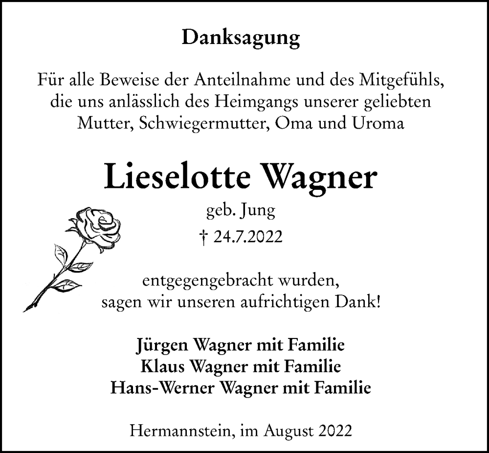  Traueranzeige für Lieselotte Wagner vom 22.08.2022 aus Wetzlarer Neue Zeitung