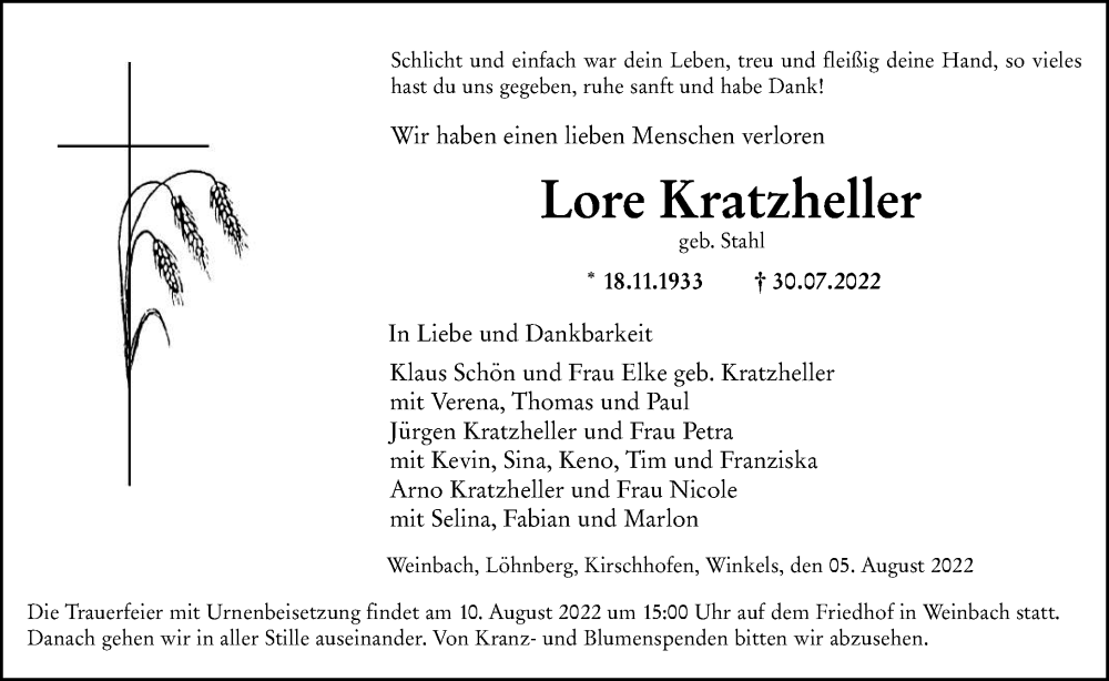  Traueranzeige für Lore Kratzheller vom 05.08.2022 aus Weilburger Tageblatt