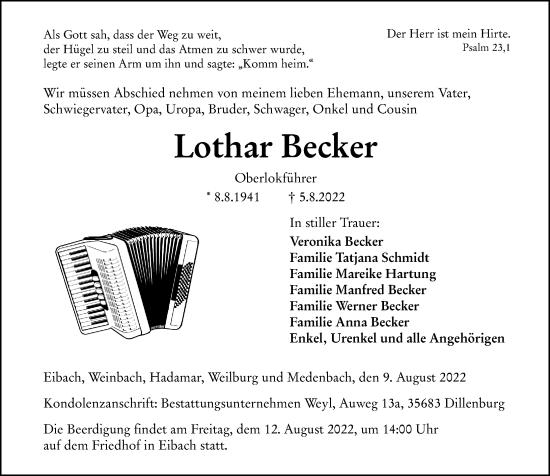 Traueranzeige von Lothar Becker von Weilburger Tageblatt