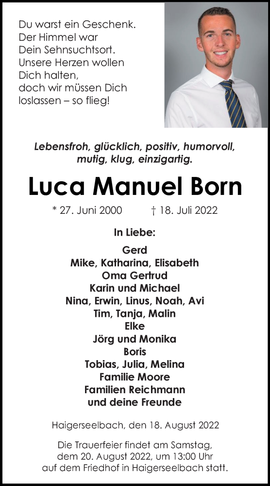  Traueranzeige für Luca Manuel Born vom 18.08.2022 aus Dill Block