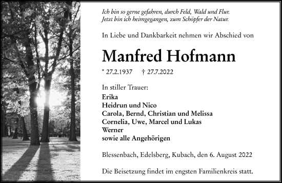 Traueranzeige von Manfred Hofmann von Weilburger Tageblatt