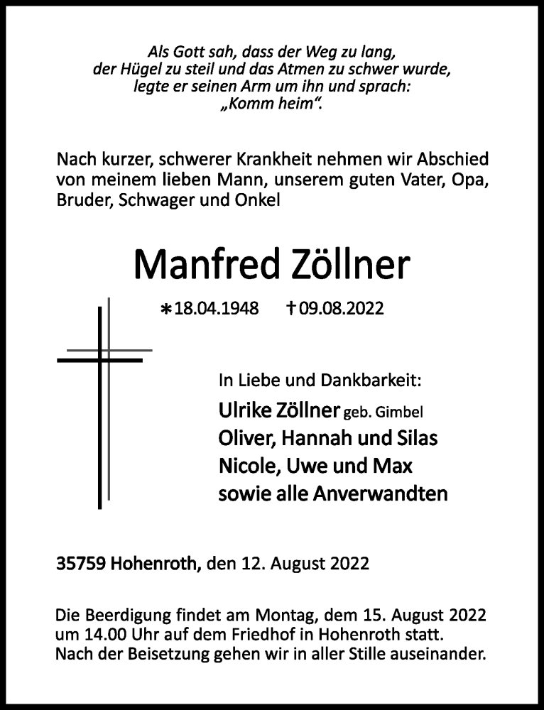  Traueranzeige für Manfred Zöllner vom 12.08.2022 aus Dill Block