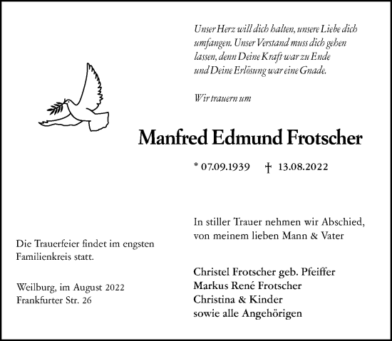 Traueranzeige von Manfred Edmund Frotscher von Weilburger Tageblatt