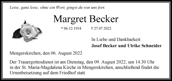 Traueranzeige von Margret Becker von Weilburger Tageblatt
