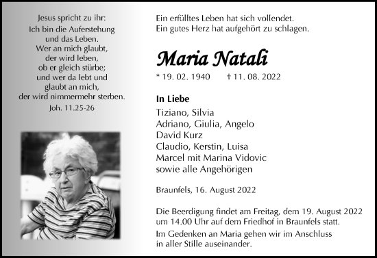 Traueranzeige von Maria Natali von Wetzlarer Neue Zeitung