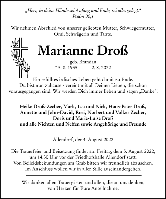 Traueranzeige von Marianne Droß von Wetzlarer Neue Zeitung