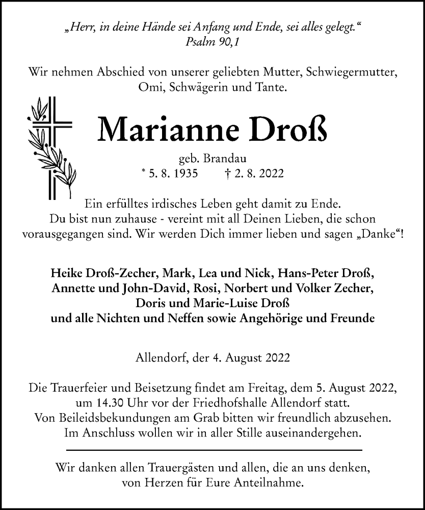  Traueranzeige für Marianne Droß vom 04.08.2022 aus Wetzlarer Neue Zeitung