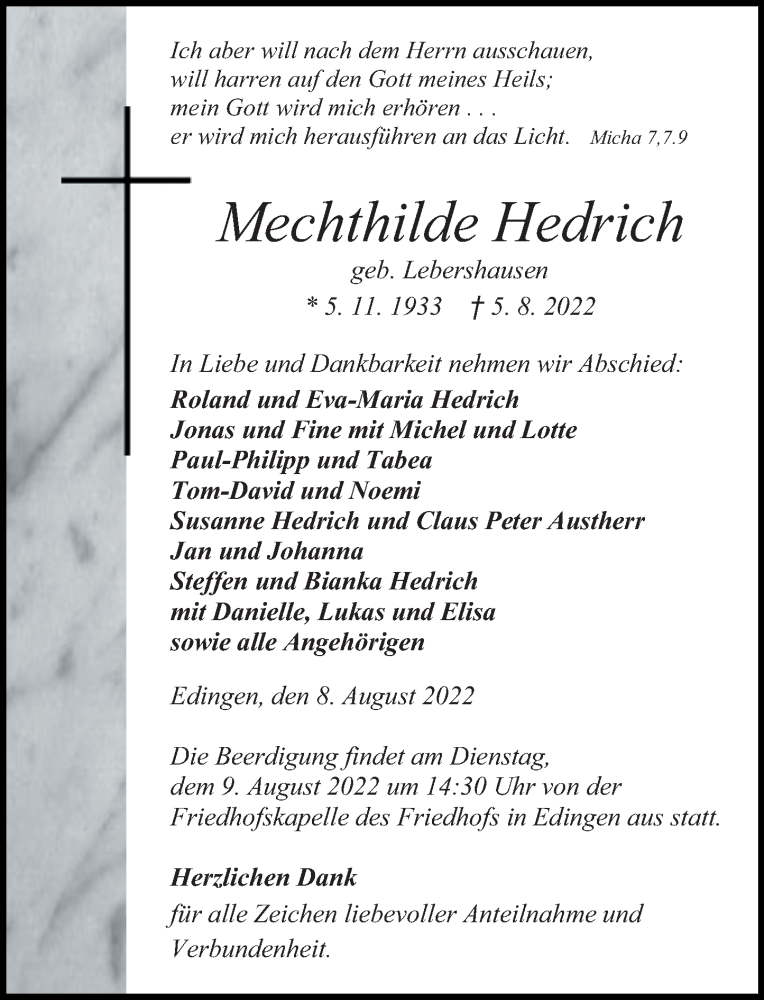  Traueranzeige für Mechthilde Hedrich vom 08.08.2022 aus Wetzlarer Neue Zeitung