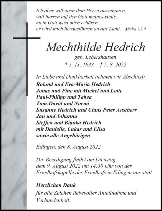 Traueranzeige von Mechthilde Hedrich von Wetzlarer Neue Zeitung