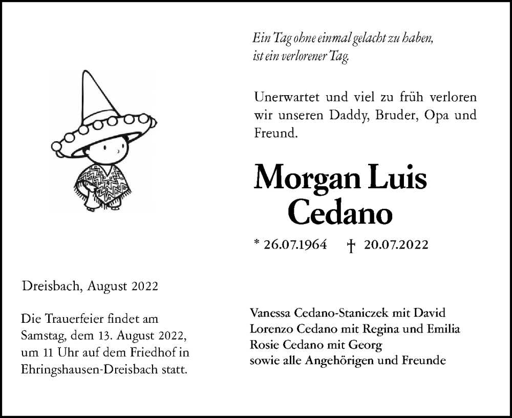  Traueranzeige für Morgan Luis Cedano vom 06.08.2022 aus Wetzlarer Neue Zeitung