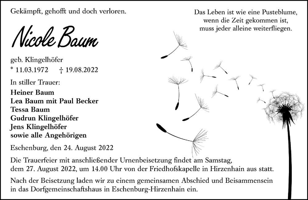  Traueranzeige für Nicole Baum vom 24.08.2022 aus Hinterländer Anzeiger