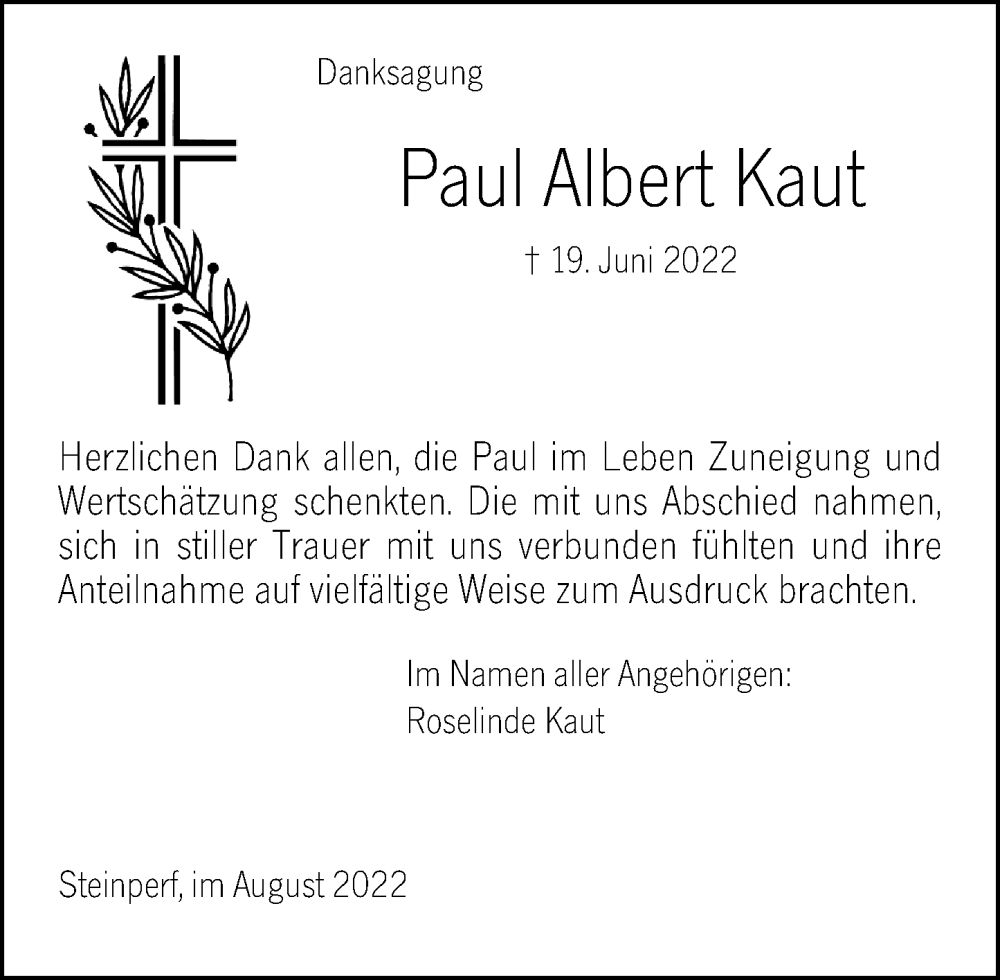  Traueranzeige für Paul Albert Kaut vom 05.08.2022 aus Hinterländer Anzeiger