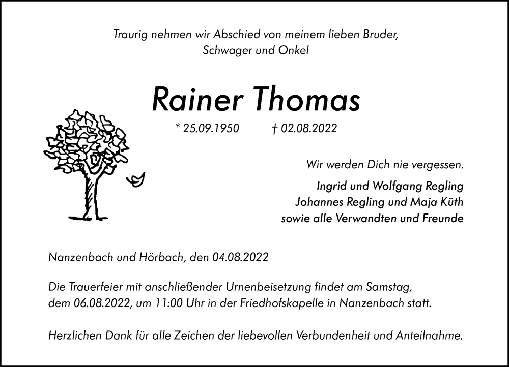  Traueranzeige für Rainer Thomas vom 04.08.2022 aus Dill Block
