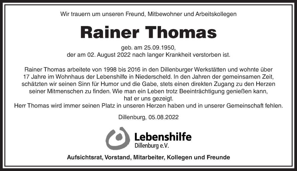  Traueranzeige für Rainer Thomas vom 05.08.2022 aus Dill Block