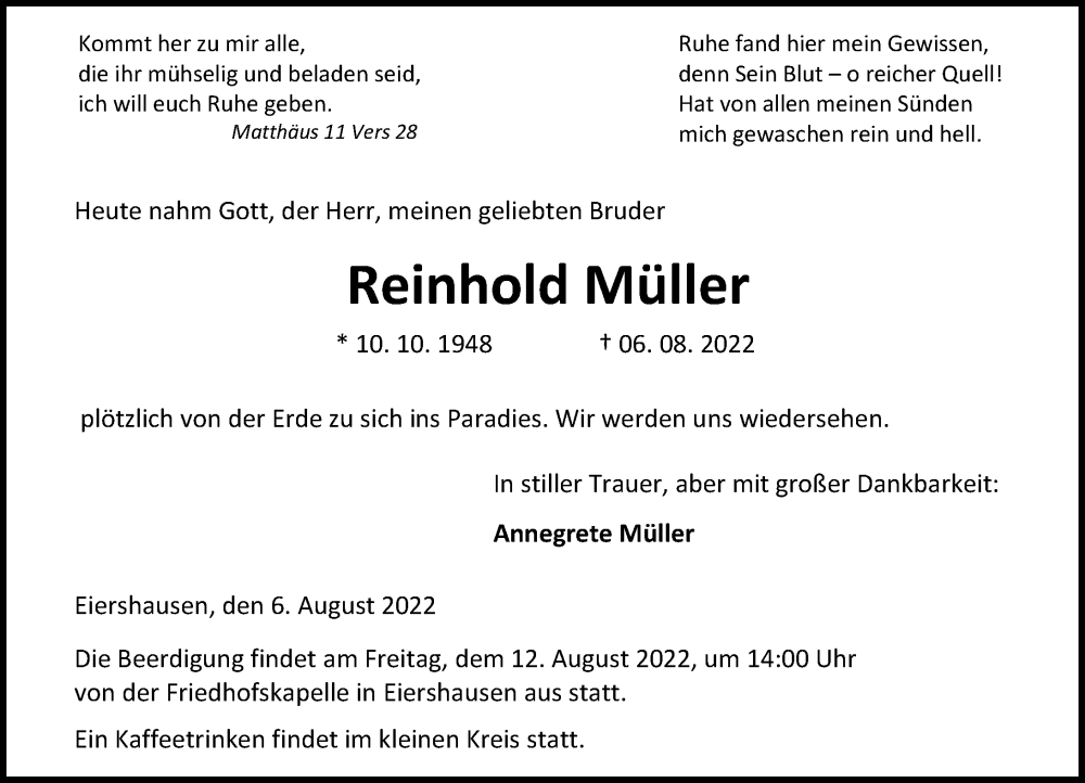  Traueranzeige für Reinhold Müller vom 09.08.2022 aus Dill Block