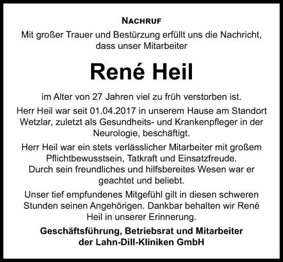 Traueranzeige von René Heil von Wetzlarer Neue Zeitung
