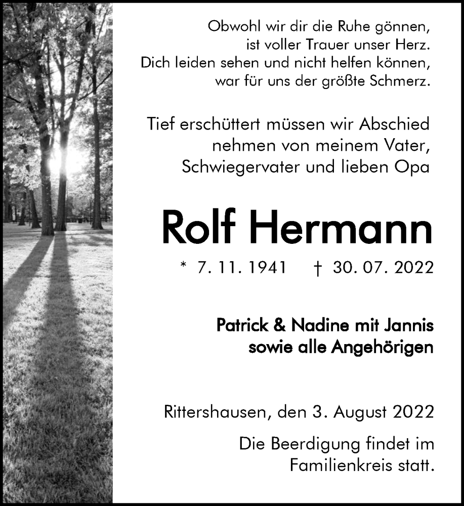  Traueranzeige für Rolf Hermann vom 03.08.2022 aus Dill Block